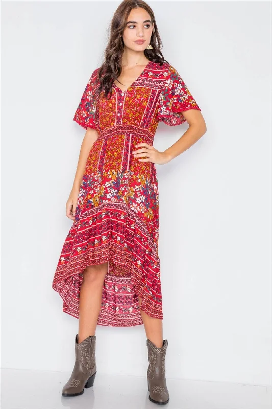 Maxi DressRed Floral High-Low V-Neck Midi Dress  /2-2-2