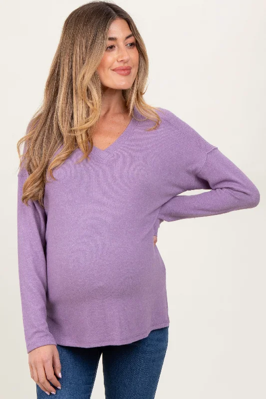 Lavender Basic V-Neck Long Sleeve Brushed Knit Maternity Top