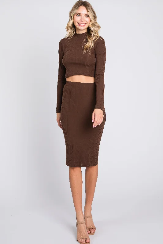 Brown Mock Neck Top Skirt SetDesigner Skirt