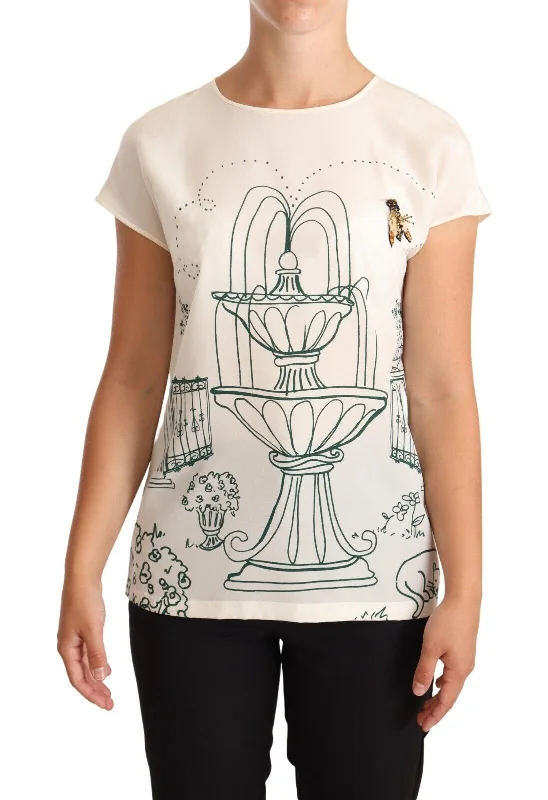 Dolce & Gabbana Elegant Silk Botanical Garden Fountain TeeCollaborative T-Shirts