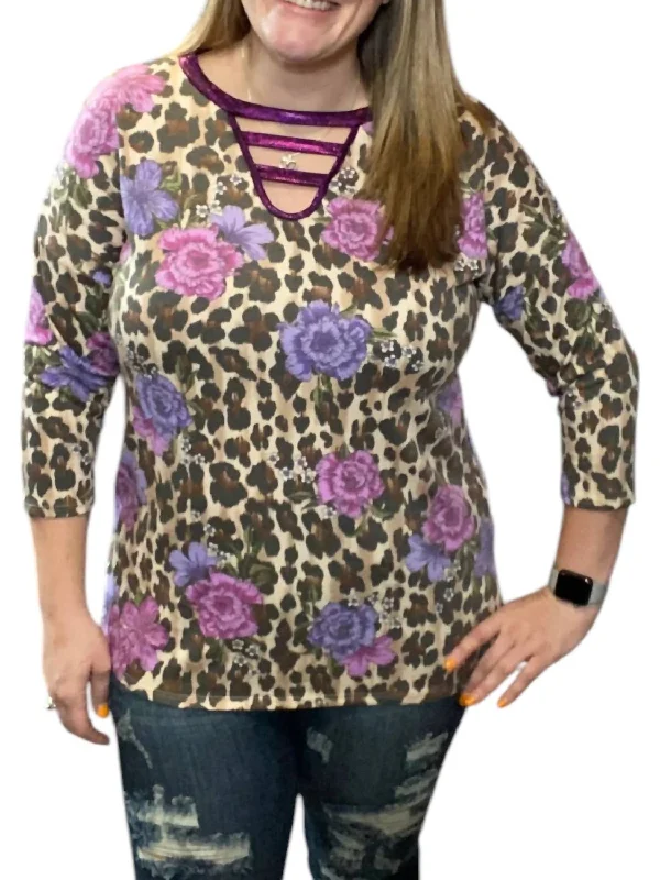 Leopard Floral Spliced Tee In Purple MultiFestival T-Shirts