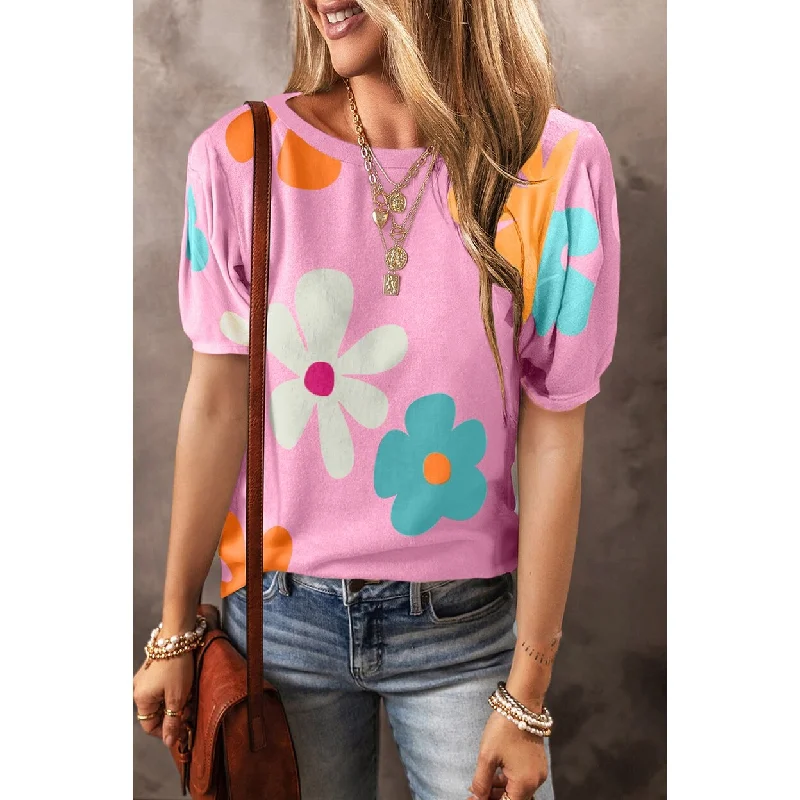 Macy Flower Print Bubble Sleeve TeeMetallic T-Shirts