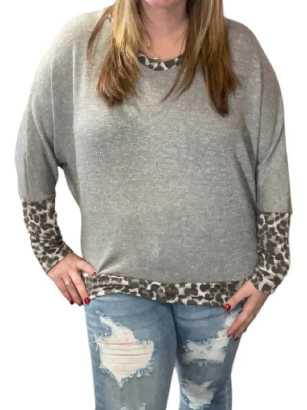 Dolman With Leopard Accents Tee In GreyBlended Fabric T-Shirts