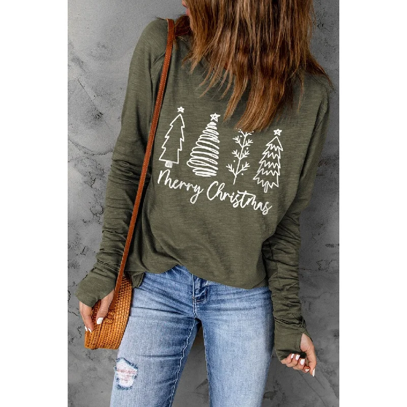 Thea Merry Christmas Trees Thumbhole Sleeve Graphic TeeBoat Neck T-Shirts